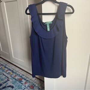 Ralph Lauren Petite Navy Blue Pleated Ruffle Neck tank top Knit large